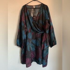 Ava & Viv Teal and Plum Long Sleeve Wrap-Style Dress